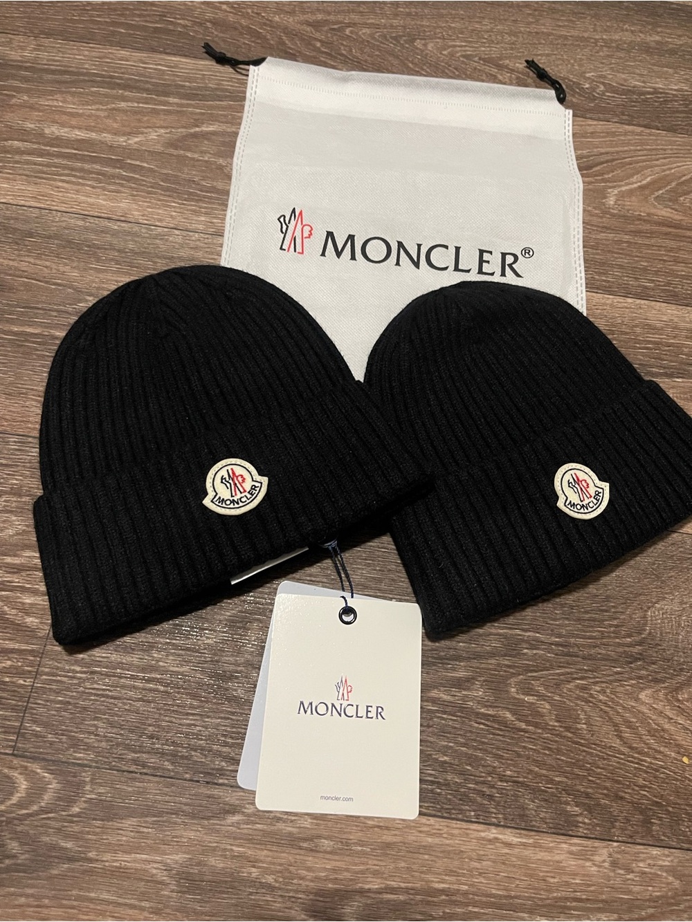 Moncler Black Ribbed Wool Beanie with Logo Patch